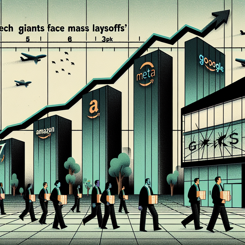An image showing a graph with descending trend lines denoting reduction in staff numbers. The companies names, Google, Amazon, Meta, and Tesla, are listed along the x-axis. Distressed employees of varying descents and genders leave buildings with company logos. At the bottom right corner, a cracked screen displays a news - 'Tech Giants Face Mass Layoffs'. The overall atmosphere is subdued and shocking, symbolizing the adverse impacts of layoffs.