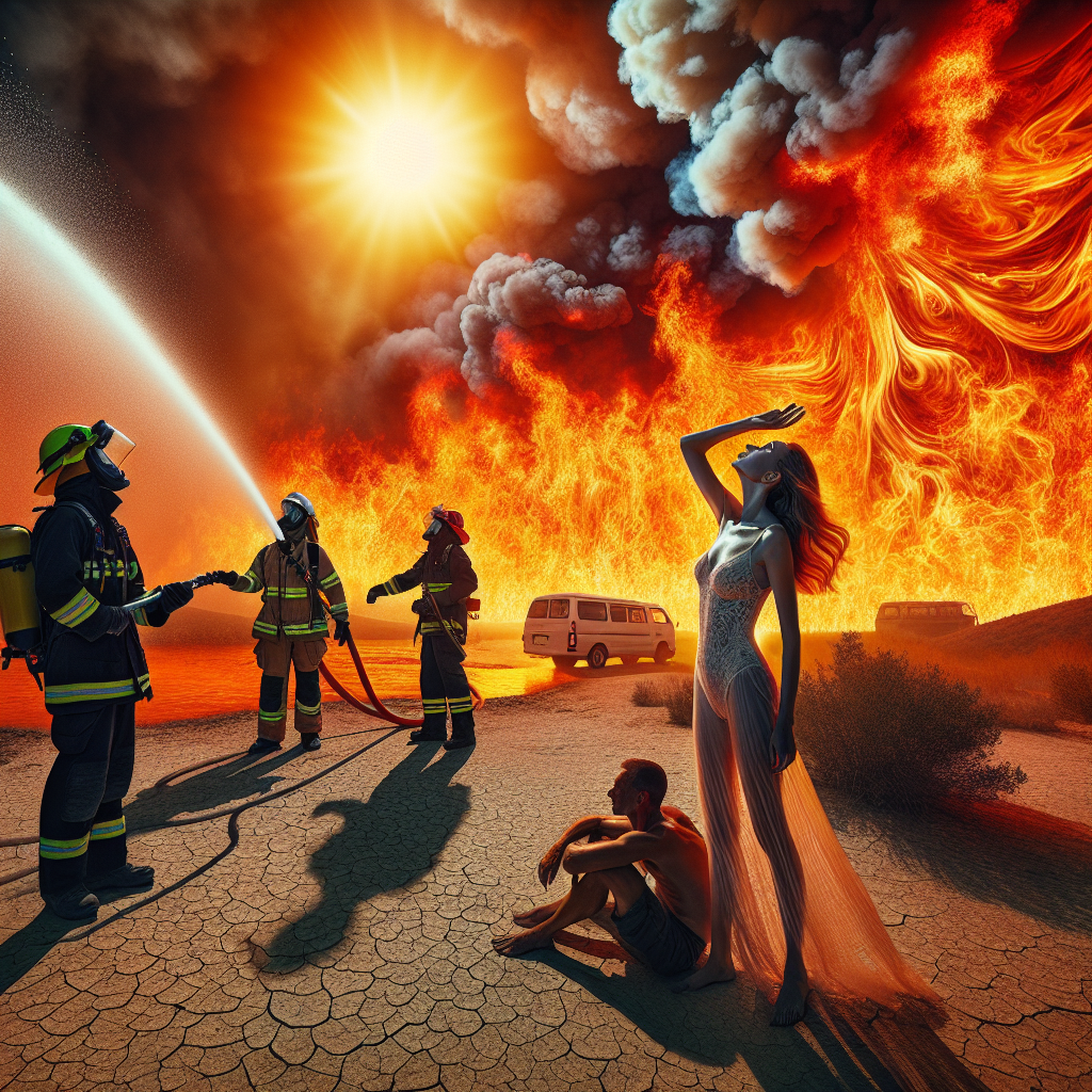 An intense and vivid scene set during a severe heatwave. The scorching sun is high in the sky, creating shimmering heatwaves over the parched, drought-afflicted landscape. Amidst this, a wildfire blazes loudly with its fierce, red-orange flames and smoky plumes ascending into the sweltering sky. In contrast, an experienced team of firefighters of mixed genders and descents showcase their emergency evacuation procedures. They coordinatedly battle the blaze with fire hoses and employ protective measures against the extreme heat. Nearby, a Caucasian man and a South Asian woman demonstrate setting up a safe shelter and efficiently rationing water. The image is definitely intense but also empowers the viewer with the sense of preparedness and resilience against extreme heatwaves.