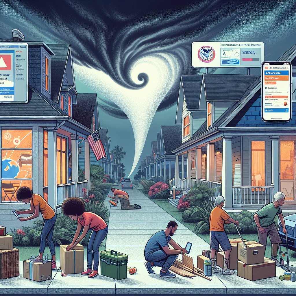 An illustration centered around the theme of emergency preparedness for hurricane season. Panoramic view of a suburban street scene where a diverse group of neighbors - a black woman, a Hispanic man, a South Asian teenager, and a Caucasian elderly couple - are proactively preparing for an approaching hurricane. They are boarding up windows, securing outdoor furniture, packing essential supplies into their cars. Visible devices showing the FEMA alerts and forecast graphics for the upcoming hurricane. Skies overhead are dark and stormy, signaling the impending hurricane.
