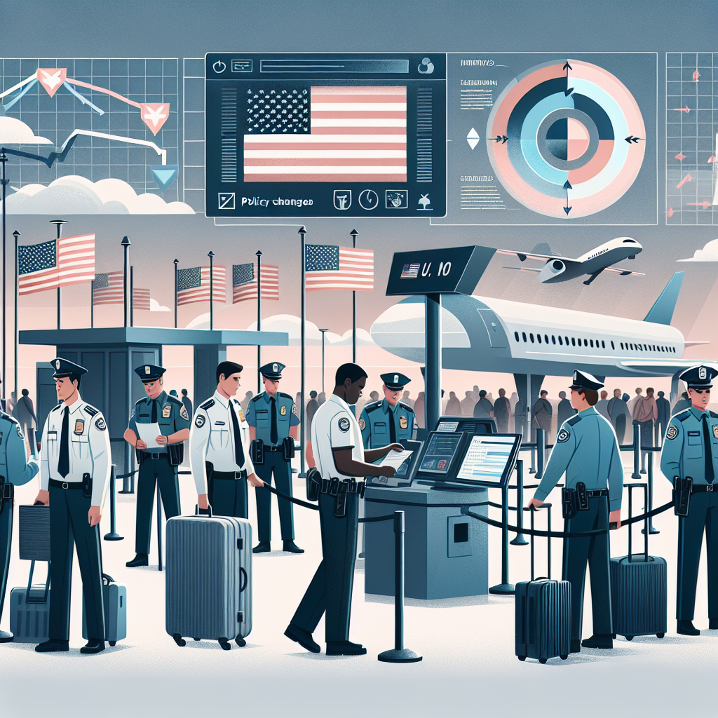 Illustration of a modern checkpoint at a national border with advanced security systems. The scene involves officers of various descents, including Hispanic, Caucasian, and Black males and females. They are engaged in their duties like checking passports, scanning luggage, and operating advanced equipment. In the background, an infographic is visible with arrows and symbols indicating 'Policy Changes'. Integrate the colors of the US Flag subtly in the scene but avoid direct representation of any real flags or symbols.