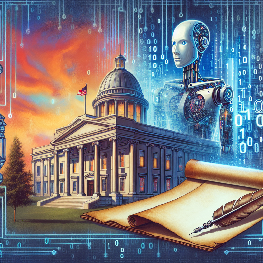 An illustrated interpretation of a stately building, symbolizing the center of decision-making power, with a brightly lit sky in background. In the foreground, place a semi-transparent overlay of binary digits (0s and 1s) transitioning into advanced AI robots on the right which indicate the interplay between technology and governance. On the left, add an old scroll opened up with a quill laying atop it. The scroll should display the title 'Policy on AI Regulation: Essential Updates'. The image theme should be serious, reflecting the depth of the topic discussed.