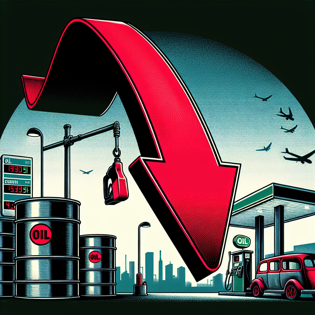 A detailed illustration of a downward arrow, surrounded by oil barrels and a gas station. The arrow is vibrant red, and it is dramatically plunging towards the ground, signifying a decrease. The oil barrels are grey with a dash of black, labeled with the symbol for oil. The gas station is traditional, with green and white colors, showcasing a fuel dispenser and a price sign showing lowering numbers. In the background, a silhouette of a cityscape at twilight time tieing it all to the concept of energy. At the top, include the phrase 'Gas Prices Plummet: Must-Have Energy Policy Changes' in bold, uppercase letters.