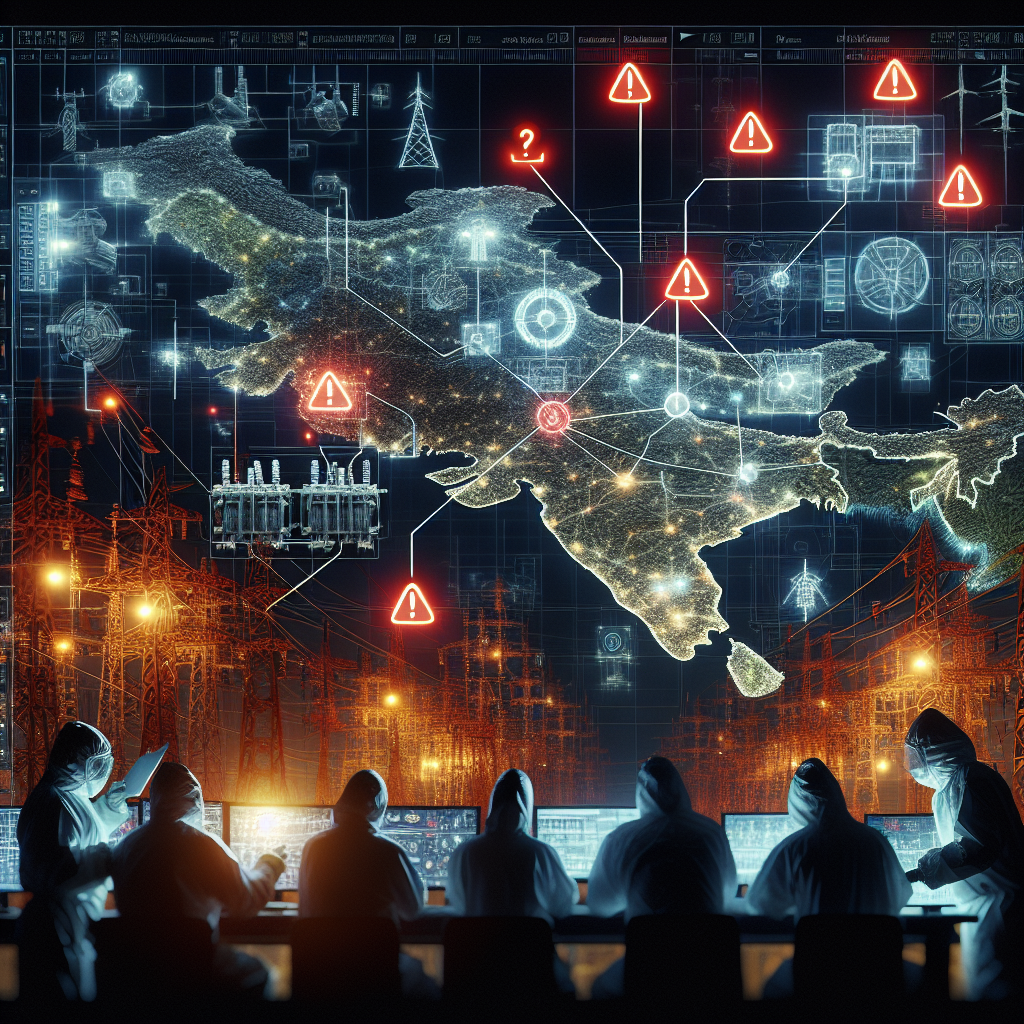 An intricate network of power lines and transformers illuminating the contour of a country at night, interweaved with red alert symbols indicating malfunction or failure. Nearby, there is a group of multi-ethnic professionals – a Caucasian woman, a Black man, a South Asian man, and a Hispanic woman, all in protective gear, critically examining the grid on a large screen. The atmosphere is tense, the light of the screen being the only source of illumination in a dark room.