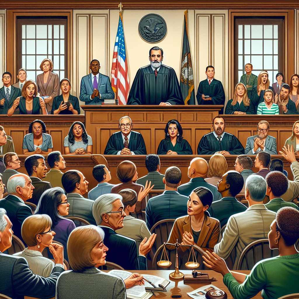 An illustrative contribution for an article about major criminal trials in the United States, featuring a lively and detailed courtroom scene. In this packed courtroom, people react as the verdict is being announced by a Caucasian male judge in a classic black robe on the stand. A diverse group of individuals, including a South Asian female lawyer, a Hispanic male defendant, a Middle-Eastern female witness and a Black male prosecutor, are featured prominently. The walls of the courtroom are adorned with the scales of justice and American flags for symbolic context. No specific facial features or identities are included.
