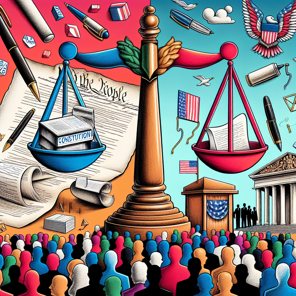 An abstract representation of the US election aftermath, focusing on changes in voting laws. Illustration could include a metaphorical balance scale, symbolizing the balance of justice, with various elements such as voting boxes, constitution scrolls, pen, and paper on either side. Also, draw a crowd of people with differing descents, including but not limited to Black, Asian, Hispanic, Middle-Eastern, and Caucasian, standing near a ballot box to represent the electorate. Please also include a colourful background to evoke a sense of discussion and complexity. Avoid depictions of specific politicians or public figures.