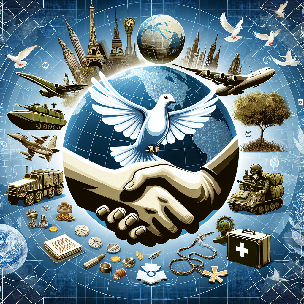 Illustrate a conceptual scene depicting the idea of global security. Feature symbols of peace and cooperation such as a dove, an olive branch, or a handshake. In the backdrop, portray a globe with various continents marked. Incorporate elements representative of military aid, perhaps items like cargo ships, aircraft, medic kits, or food supplies. Also juxtapose these with iconic landmarks from a balanced mixture of continents to reinforce the global context. Lastly, ensure the overall tone delivers a sense of strategy and planning, maybe through chess pieces or a complex maze.