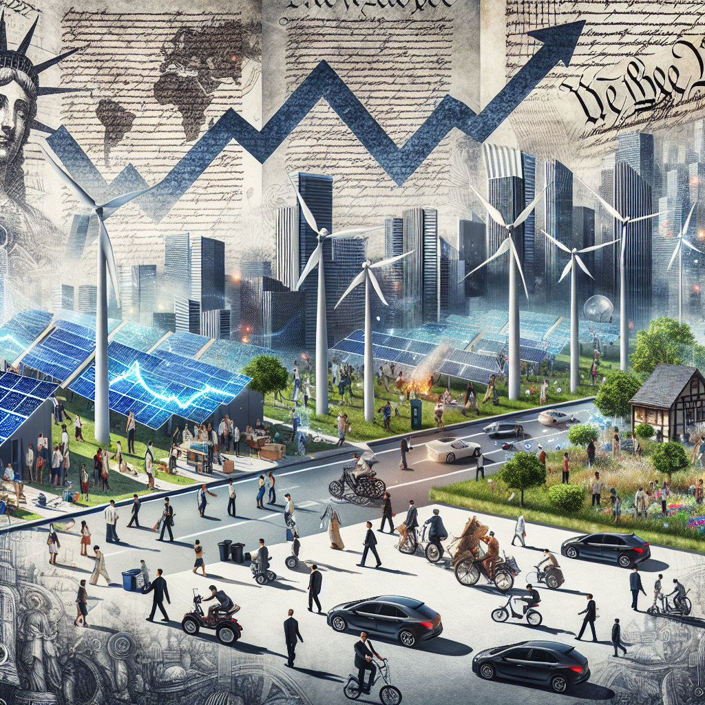 Visualize a futuristic city powered by clean energy with wind turbines, solar panels, and electric vehicles. Show people of various descents and both genders participating in activities that contribute to a sustainable lifestyle, such as recycling and planting trees. Layered upon this bustling scene, lay a textured portrayal of various influential documents—the Constitution, the Magna Carta, and ancient scrolls—symbolizing the development of legislation. Finally, illustrate ascending lines and rising financial graphs on top of the city's skyline to signify investment growth in the clean energy sector.