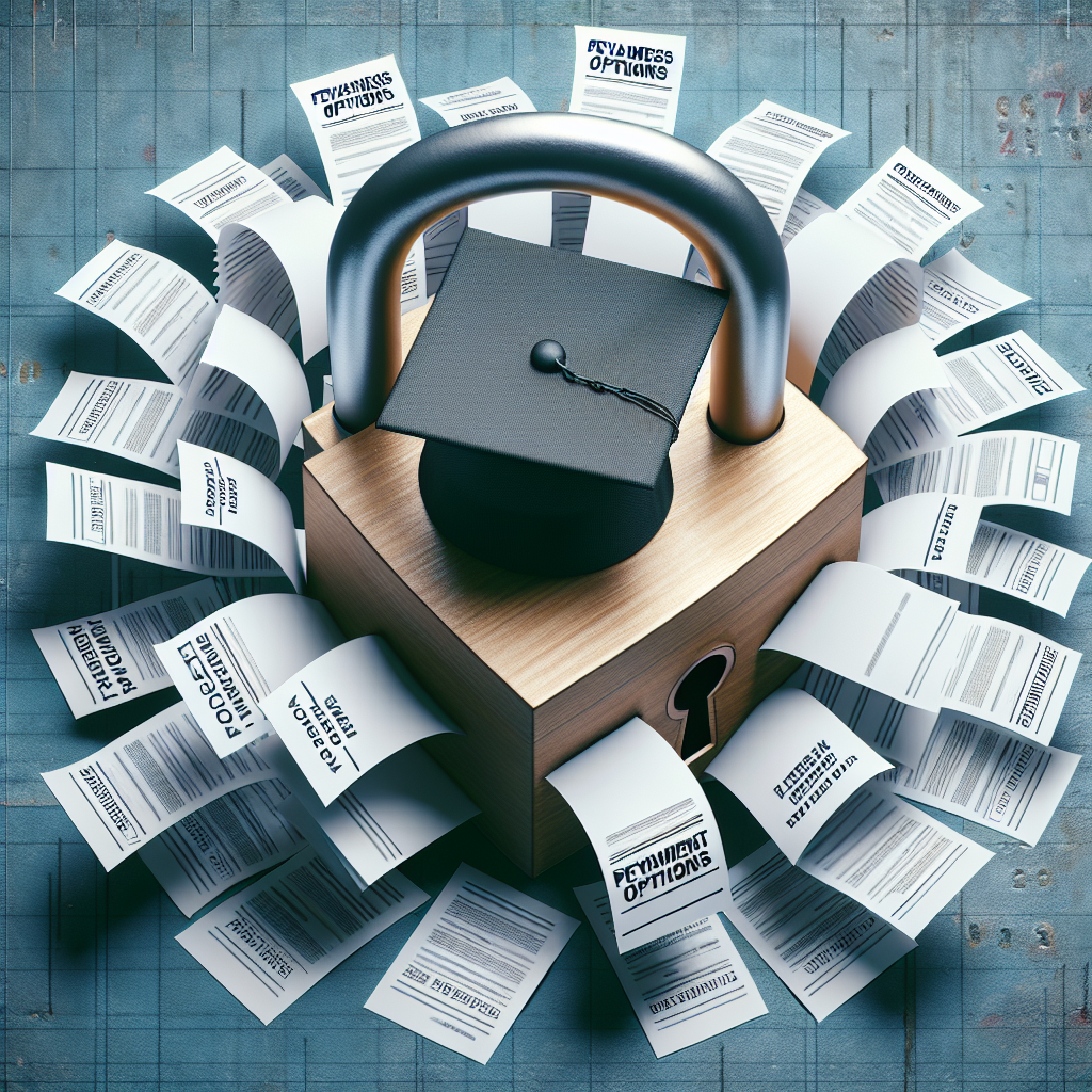 An image depicting an open lock transforming into a graduate cap with a transcription saying 'effortless forgiveness options'. Surrounding the lock should be an array of document papers detailing student loan person details, in a way that it appears like the lock is being released from the burden of these papers. Each of the papers should indicate different repayment plans options, with the ones closer to the lock showing a heavier burden, and the ones further away showing relief. Horizontal composition.