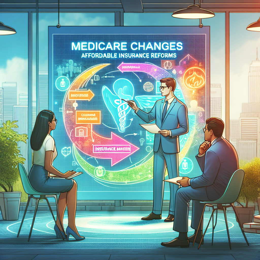 Visualize a bright, busy scene of an insurance office. On one side, show a Caucasian male insurance agent explaining the new Medicare changes showing a large, colorful flow chart. On the other side, feature a South Asian female client listening attentively and a Hispanic male client studying a document titled 'Affordable Insurance Reforms'. In the middle of the scene, depict a large, glowing title banner hovering, which reads 'Medicare Changes: Affordable Insurance Reforms'. Fill the surroundings with soft tones of blues and greens, creating a comforting and hopeful atmosphere.