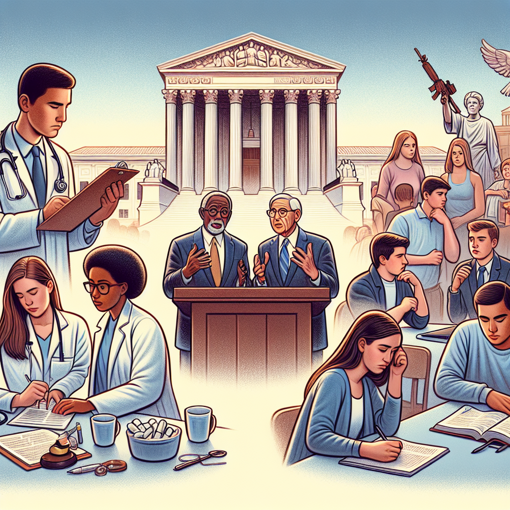 An image depicting the three major themes of Abortion, Gun Laws and Student Loans. On the left, show a medical staff of mixed genders and descents discussing medical procedures. In the center, portray a diverse mix of people engaging in a robust debate on the topic of gun laws, showing both arguments. On the right, illustrate a variety of students from different descents and genders studying while worried about their loans. In the backdrop, draw a symbolic representation of the Supreme Court building, with no specific judges' faces. Use a soft, appealing color palette.