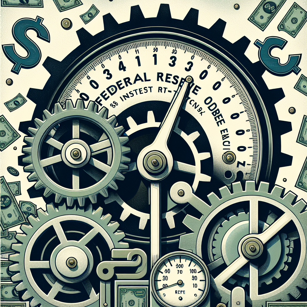Depict a symbolic image representing the Federal Reserve's interest rate decisions and their effect on managing inflation. Create an image that includes, a large gear representing the Federal Reserve, a smaller gear interlocking with the large one denoting interest rates, and a barometer indicating inflation levels. The large gear should turn the smaller one, influencing the reading on the barometer. Don't forget to include an array of dollar bills fluttering in the background to represent the economic context of these decisions. Make everything in neutral colors to reflect the seriousness of this subject.