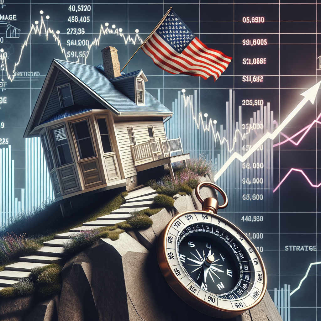 Visualize a scene representing the US housing market crisis. Show a metaphorical image of a house balancing precariously on a hill with increasing graphical charts in the background, indicating rising mortgage rates. The color palette should reflect the stress and tension of the situation - strong contrasts of dark and light. Include a navigation compass in the foreground as a symbol of guidance, with words such as 'strategy', 'plan', and 'navigate' embossed on it. Make sure it's clear that the house is an American style home for context, such as including an American flag.