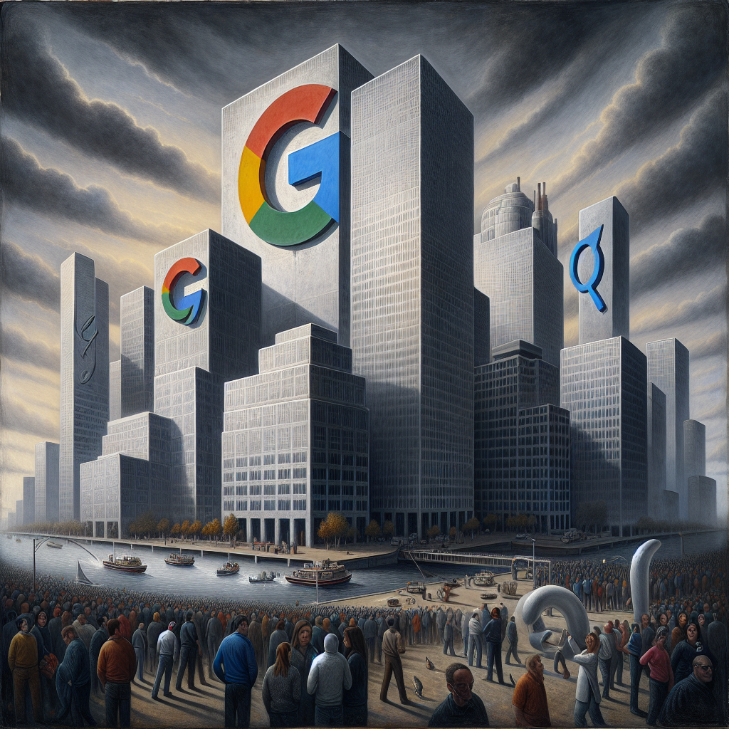 An evocative depiction of a city skyline dominated by large, towering skyscrapers that are representative of technology companies. The buildings are enamelled with the emblematic icons of a search magnifying glass and an abstract river curve, subtly hinting at the tech giants without naming them. Below, a crowd of workers with a variety of descents and genders are seen leaving the buildings, showing a sense of despair and urgency. A few individuals are grouped together, engaged in heated discussions, brainstorming ideas for surviving the layoffs. The overcast sky casts a somber mood, but a single ray of sun is breaking through the clouds, symbolizing hope against adversity.