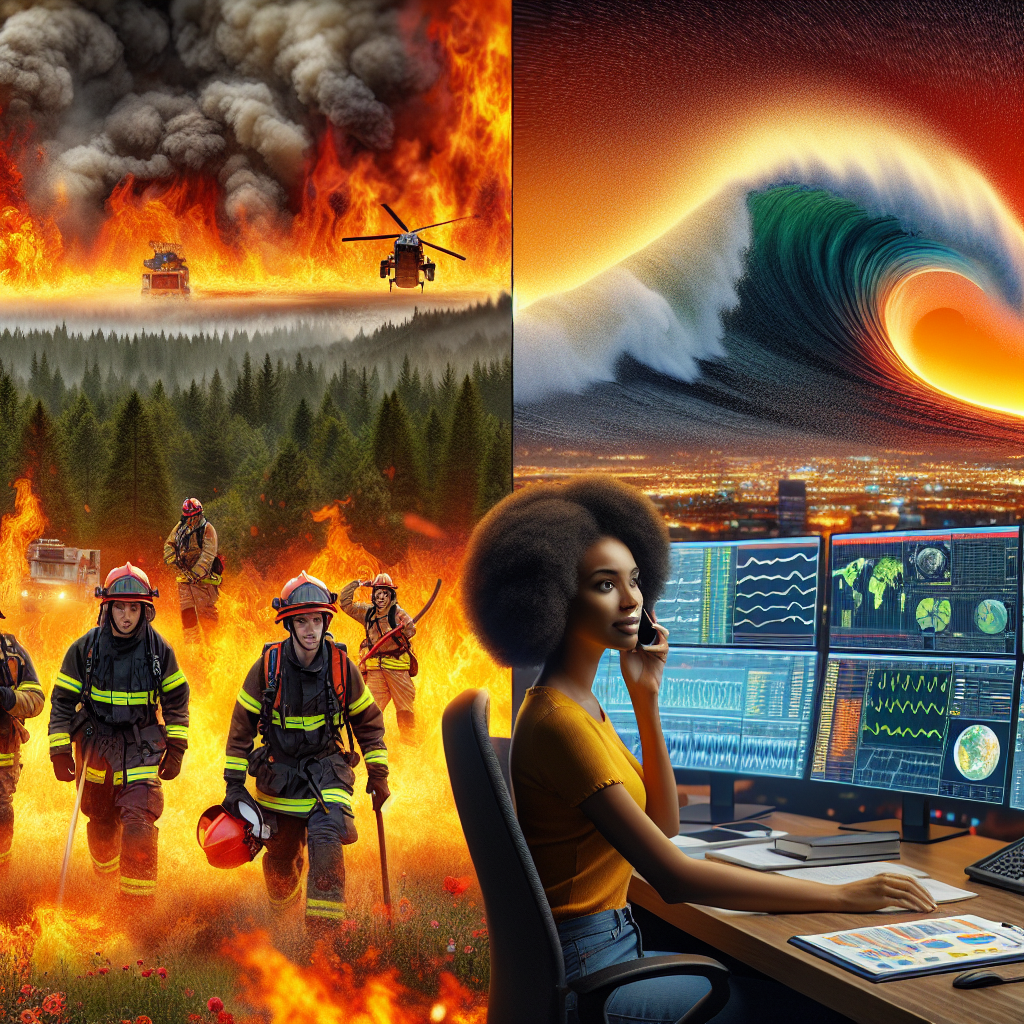 Illustrate an intense scene of emergency response personnel managing extreme weather conditions. Show a diverse group of firefighters in protective gear, battling a vast wildfire in a forest on one side of the image. Depict immense heatwaves with waves distorting the air. On the other side, represent a Black female emergency dispatcher in a control center coordinating rescue missions while looking at various computer screens displaying weather data and live emergency reports.