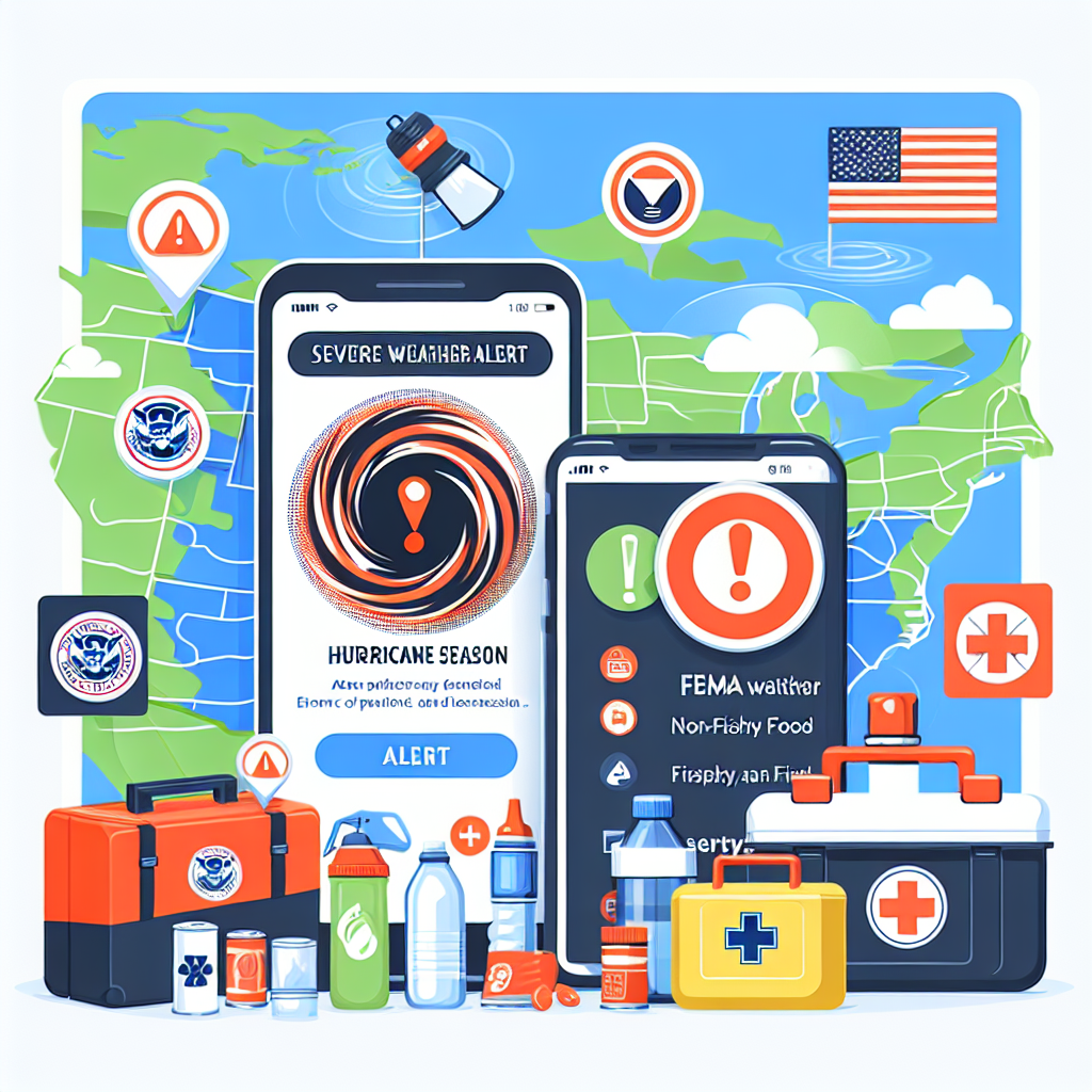 Illustration of a severe weather alert map, highlighting areas of concern for the upcoming hurricane season. Overlay it with depictions of mobile phones receiving emergency alert messages about the hurricane. Include prominent FEMA logos on the alert and a depiction of an emergency preparedness kit stocked with essentials like non-perishable food, water, flashlight, batteries, first aid kit and etc. Highlight the sense of urgency and preparedness.