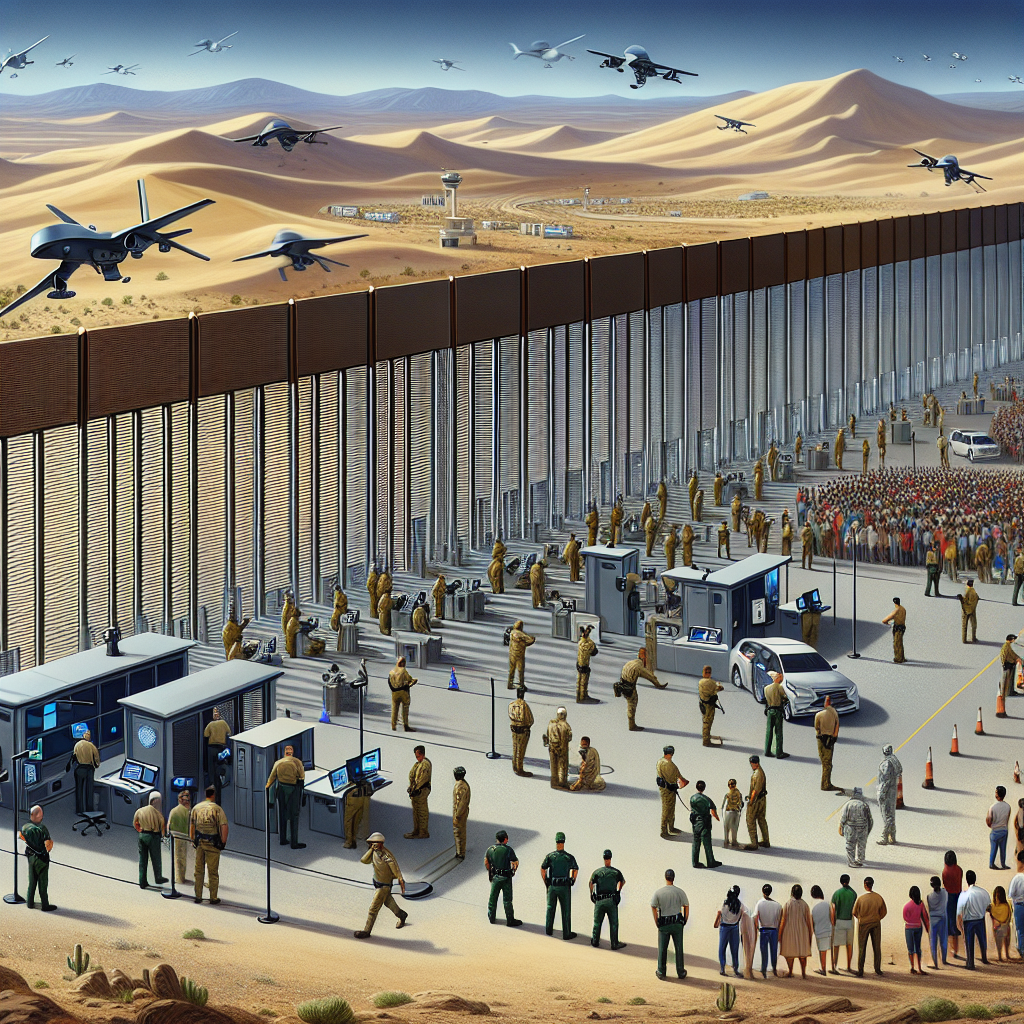 An illustrative scene capturing the essence of border security advancements on a desert-like landscape, constantly evolving with technological enhancements. The image exhibits a large, well-structured metallic modern fence stretching into the horizon with sophisticated surveillance systems such as drones, infrared cameras, and motion sensors. Closely surrounding the border are uniformed security officers, a mix of Caucasian, Black, Hispanic, Middle-Eastern, and South Asian men and women, monitoring surveillance screens, engaging in communication, and patrolling. The scene also includes individuals of diverse descent and gender, waiting in an orderly line at a well-equipped immigration checkpoint, undergoing processing with advanced equipment.