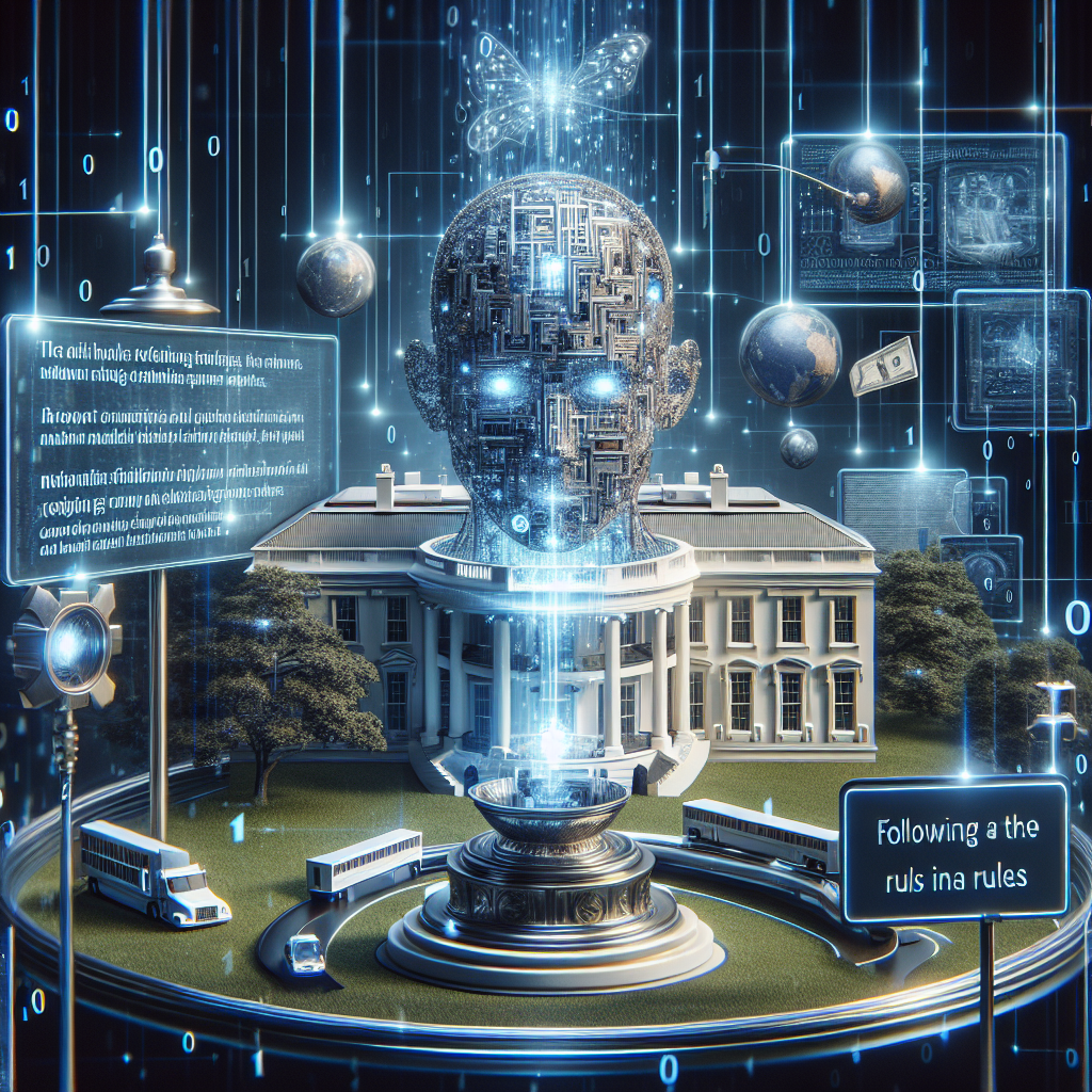 A high-resolution conceptual image of artificial intelligence regulating itself according to White House policies. The scene combines abstract and literal elements, representing both the invisible machine learning algorithms and visible effects. Depict the AI as a non-anthropomorphic AI metal structure, complex circuits, and glowing lights, surrounded by tangible symbols of policy, such as on-screen documents and rule books. The White House can be visible in the background for context. Following the rules converted into binary language flowing from physical policy documents into the AI system, showing smooth, effortless compliance.