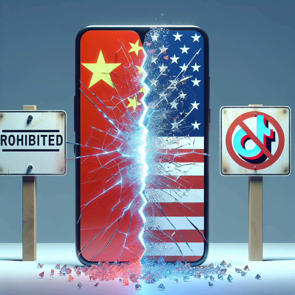 Visualize the concept of escalating tech tensions. To do so, depict a large cracked screen symbolizing a smartphone, with half of it displaying a red Chinese flag and the other half displaying a blue American flag. Out of the cracks, have sparks of electricity emitting to symbolize the escalating tension. In the background, create a smaller image of a 'prohibited' sign overlaying a symbol of the TikTok logo to depict the concept of a ban.