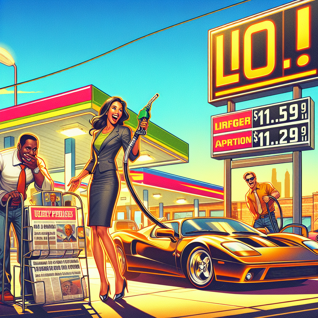 A vibrant and energetic scene at a gas station on a sunny day in the United States. The big sign at the station shows surprisingly low gas prices. There are various people enthusiastically filling up their cars. A South Asian woman in business attire is refueling her sleek sports car, a smile on her face. A Black man in casual clothing is standing by an old-school truck, pleasantly surprised by the price drop. Newspapers on a stand nearby have headlines about recent changes in energy policies, attributing the fall in gas prices to these changes.