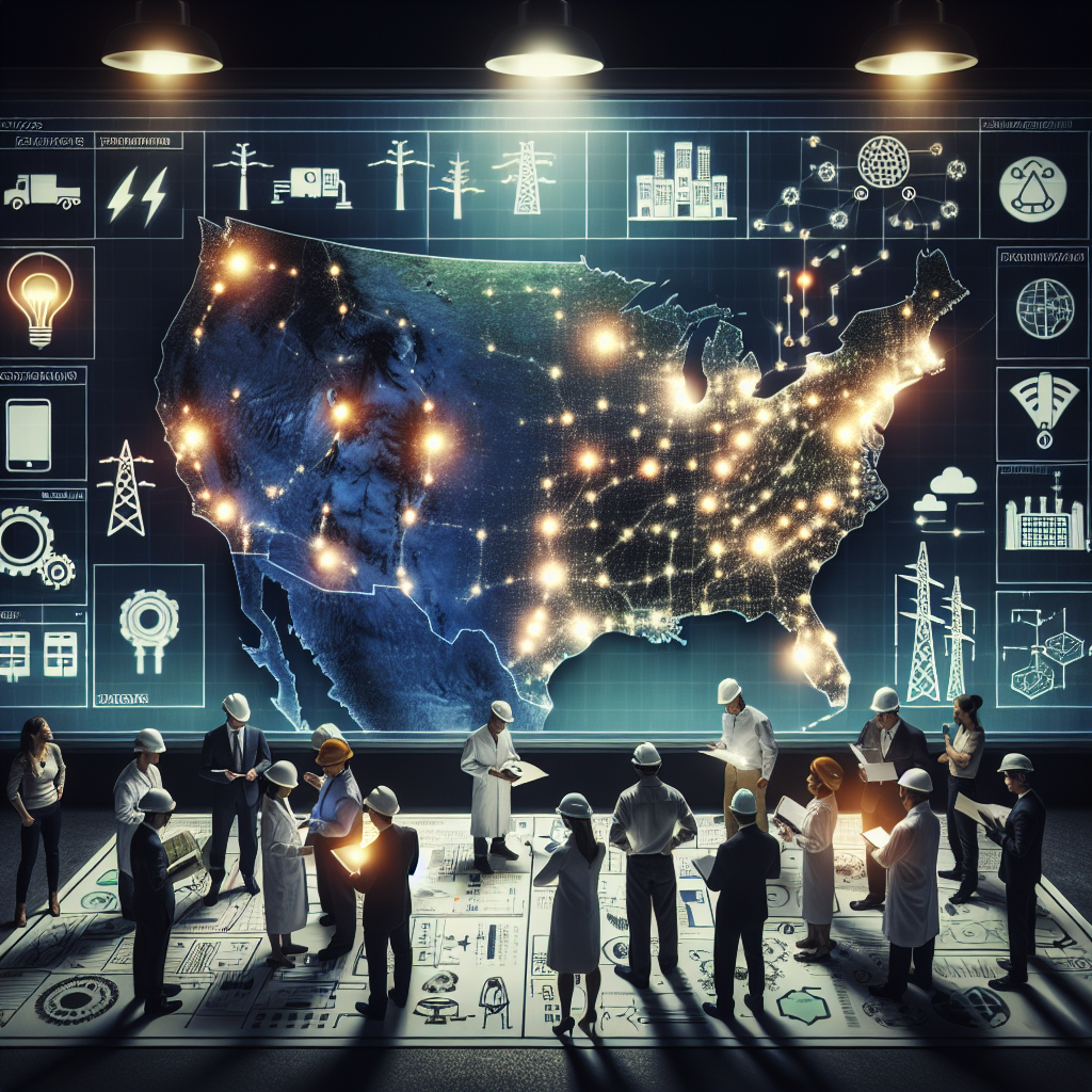 A large map of a country is displayed, illuminated by small lights representing different cities. Many of the lights are dimmed, indicating power outages. Infrastructure icons symbolise power plants, electrical transmission lines and substations. A group of people from a variety of backgrounds are standing around the map, including a South Asian woman wearing an engineering uniform, a Middle-Eastern man holding a clipboard and a Caucasian man with a laptop open. They are discussing preventive measures, problem-solving on a paper filled with diagrams, flow charts, and other technical doodles. On the side is a list titled 'Solutions for Nationwide Blackout Prevention'.