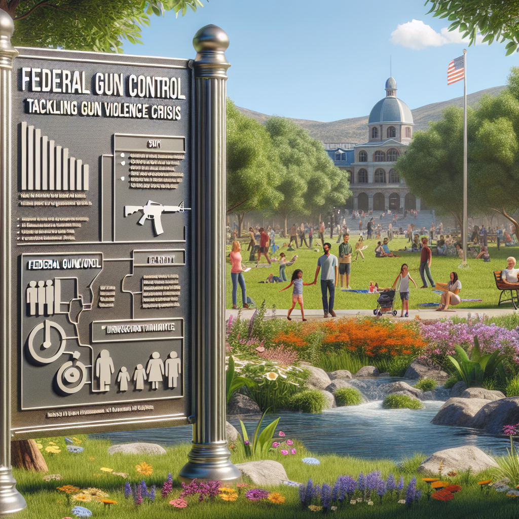 Depict a serene scene in a local park with a diverse group of people enjoying a sunny day. In the foreground, include a metallic signpost with the text 'Federal Gun Control: Tackling Gun Violence Crisis' boldly inscribed. On the signpost, also feature an informational chart that visually describes the advantages of increased federal gun control and a decrease in gun violence. Decorate the park with various flowers, trees, and a flowing stream nearby for a peaceful ambience.