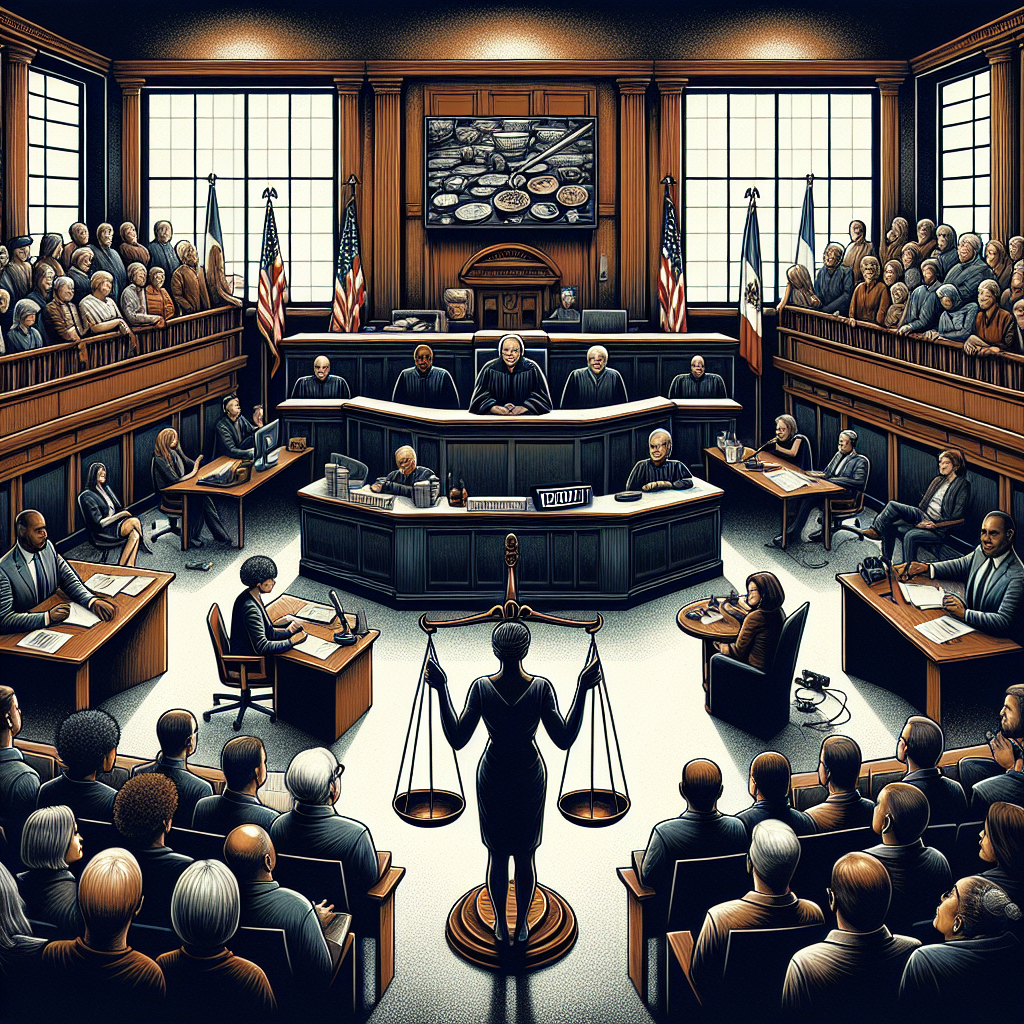 Create an artwork that represents the concept of U.S. high-profile criminal trials without representing specific individuals or cases. The image shows a detailed courtroom scene with a balance scale at the center symbolizing justice. A Black female judge sits at her bench, a Caucasian lawyer is standing near the defense table, and a Hispanic witness is on the stand. Some spectators of different descents are present in the gallery observing the trial. A large TV screen displays the word 'VERDICT' in bold letters. All elements embody the gravity and tension of such trials.