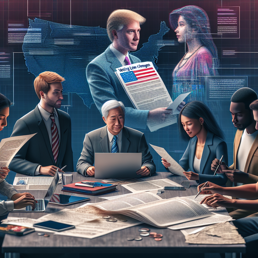 Illustrate an image of a diverse group of individuals, including a Caucasian man, an Asian woman, a Hispanic middle-aged individual, and a young Black individual, partaking in democratic activities. They are all gathered around a large table that is littered with documents containing legal jargon. On one of the documents, it clearly says 'Voting Law Changes'. On the table, digital devices like laptops, tablets, and phones are visible, highlighting modern solutions. In the background, you can make out a faint digitalized map of the United States to signify the setting but not overshadow the main theme.