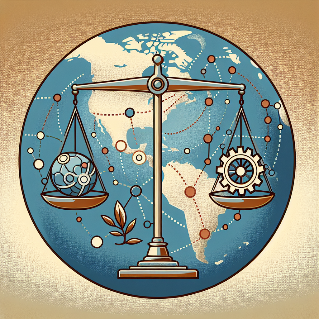 Illustrate a symbolic representation of international military aid strategies to enhance global security. Picture a large globular map with concentration on North America. Depict different routes originating from the US, represented by dotted lines, leading to various other countries. Alongside, visualize a scale, symbol of justice, balancing two items: an olive branch, signifying peace, and a symbolic gear, representing strategic support. Ensure the colors used in this metaphoric portrayal are softer to emphasize the idea of peace and cooperation rather than conflict.