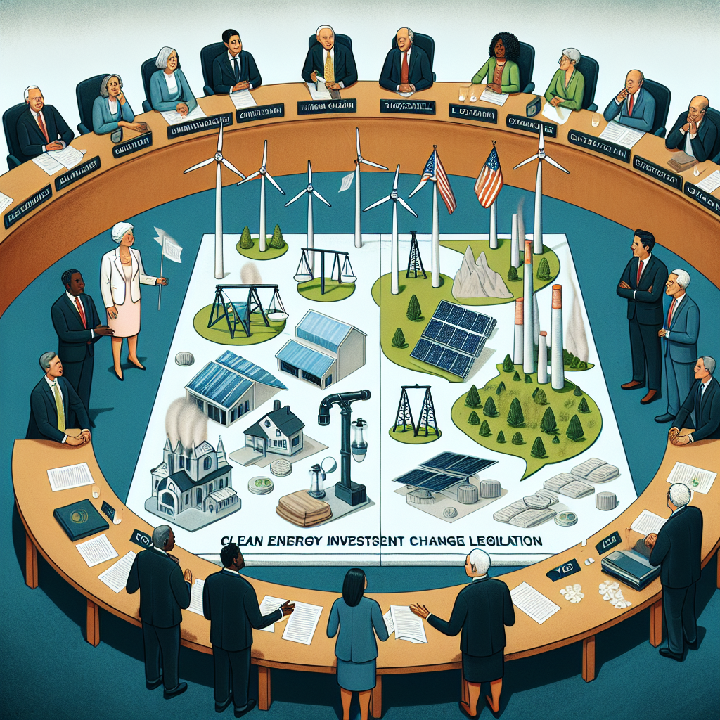 An illustrative image showing the concept of clean energy investments propelling climate change legislation efforts. The foreground should show a few diverse investors comprising of a Black female, an elderly Caucasian man, a young Middle-Eastern woman and a Hispanic male gathered around a somewhat large blueprint detailing renewable energy sources like windmills, hydroelectric dams, and solar panels. Moving to the background, show legislators diversified in gender and descent, debating over climate change bills on a large round table. A couple of scales are tipping towards the 'Yes' side to symbolize the positive effect of these investments towards climate change legislation.