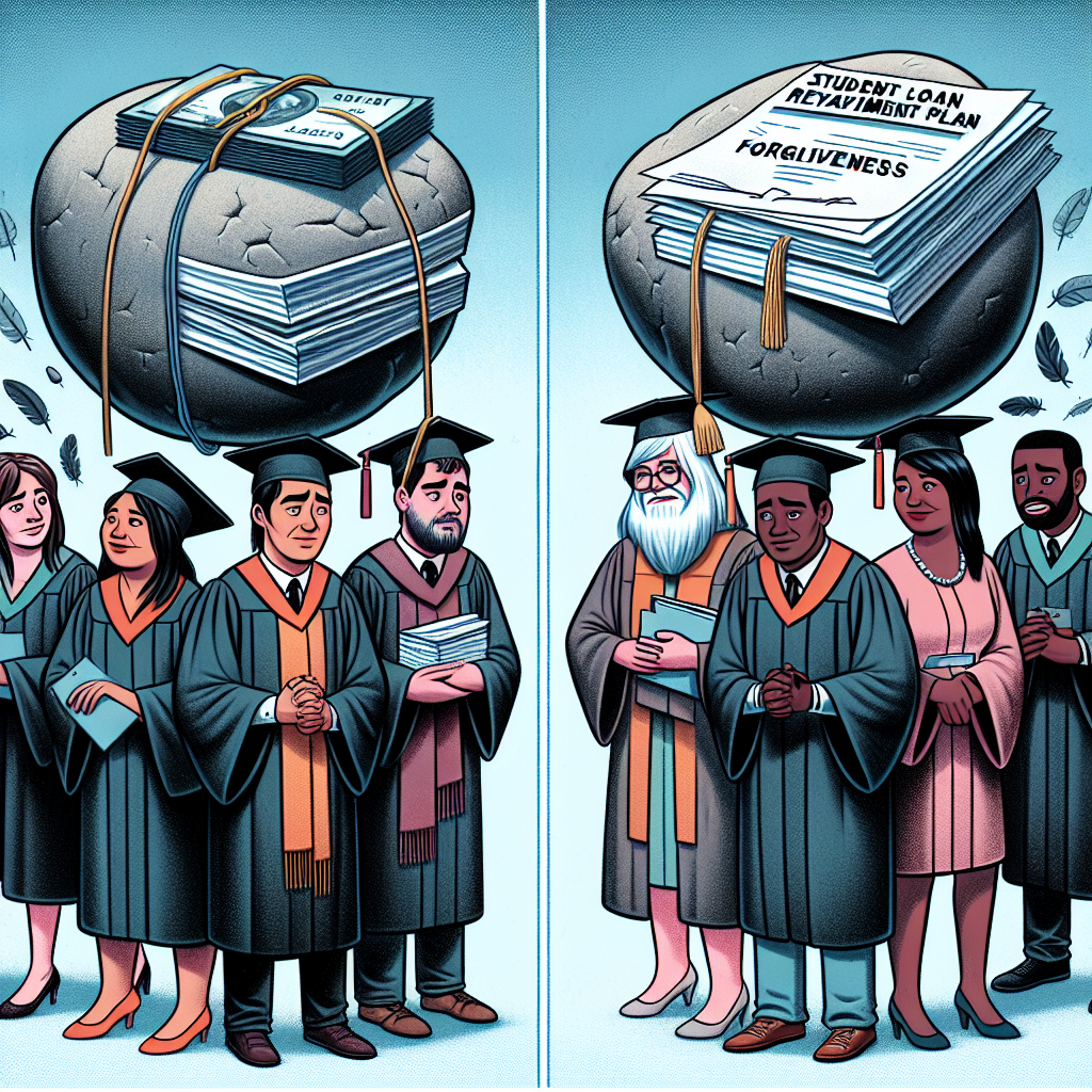 An illustration depicting the concept of student loan repayment. The image shows a diverse group of people of varying descents: a Hispanic woman, a Caucasian man, a South Asian woman, and a Black man. They are portrayed as college graduates in academic robes, relieved and happy expressions on their faces. Split the image into two sections; on the left, show the students burdened under heavy holders symbolizing student loans, and on the right, illustrate light feathers replacing the boulders, representing effortless forgiveness. In the background, include stacks of official papers labeled 'Student Loan Repayment Plan' and 'Forgiveness Program'.
