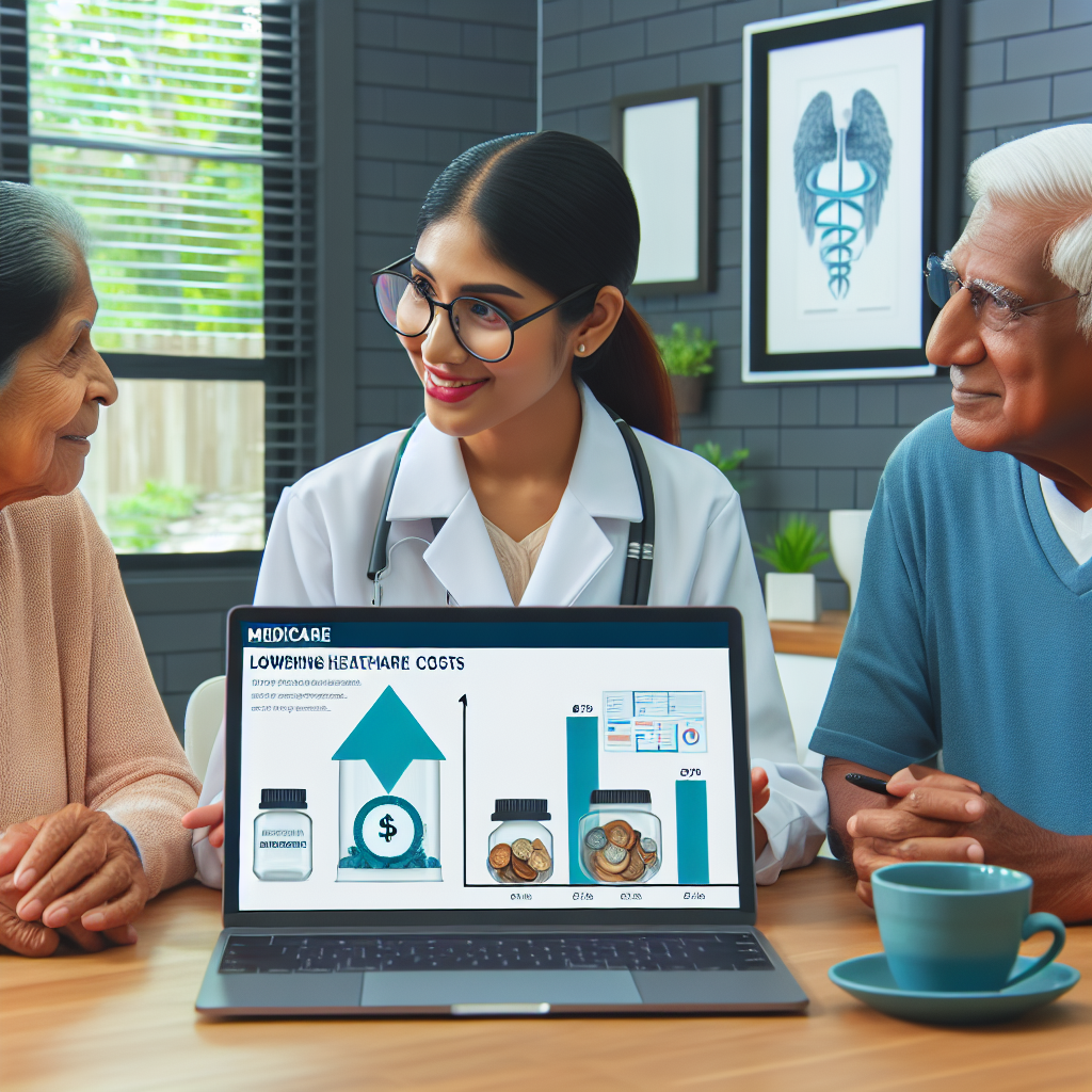 Visualize an image that portrays the concept of lowering healthcare costs in relation to changes in Medicare. Display an elderly couple engaged in a conversation with a medical professional in a clinic. The medical professional, a South Asian female, is holding charts or graphs that symbolize decreasing costs. On the same table, place a laptop displaying an infographic about Medicare. Make sure the environment looks friendly and stress-free, with a clear indication that they are discussing healthcare payments or Medicare reforms.