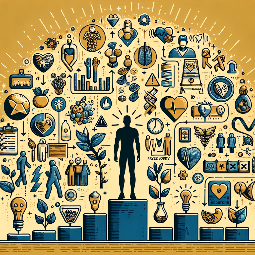 An illustrative scene for a magazine article on popular figures' health progress points. This could include a collection of symbolic representations such as icons to embody healthy living practices, potential warning signs of bad health, and recovery symbols. There should be ample negative space for text to get inserted later. Illuminate different components to accompany potentially controversial, inspiring, and educational stories. Try excluding humans or faces from symbols to keep it impersonal, as the intent is to represent a variety of health journeys taken by well-known individuals without emphasizing specific identities.