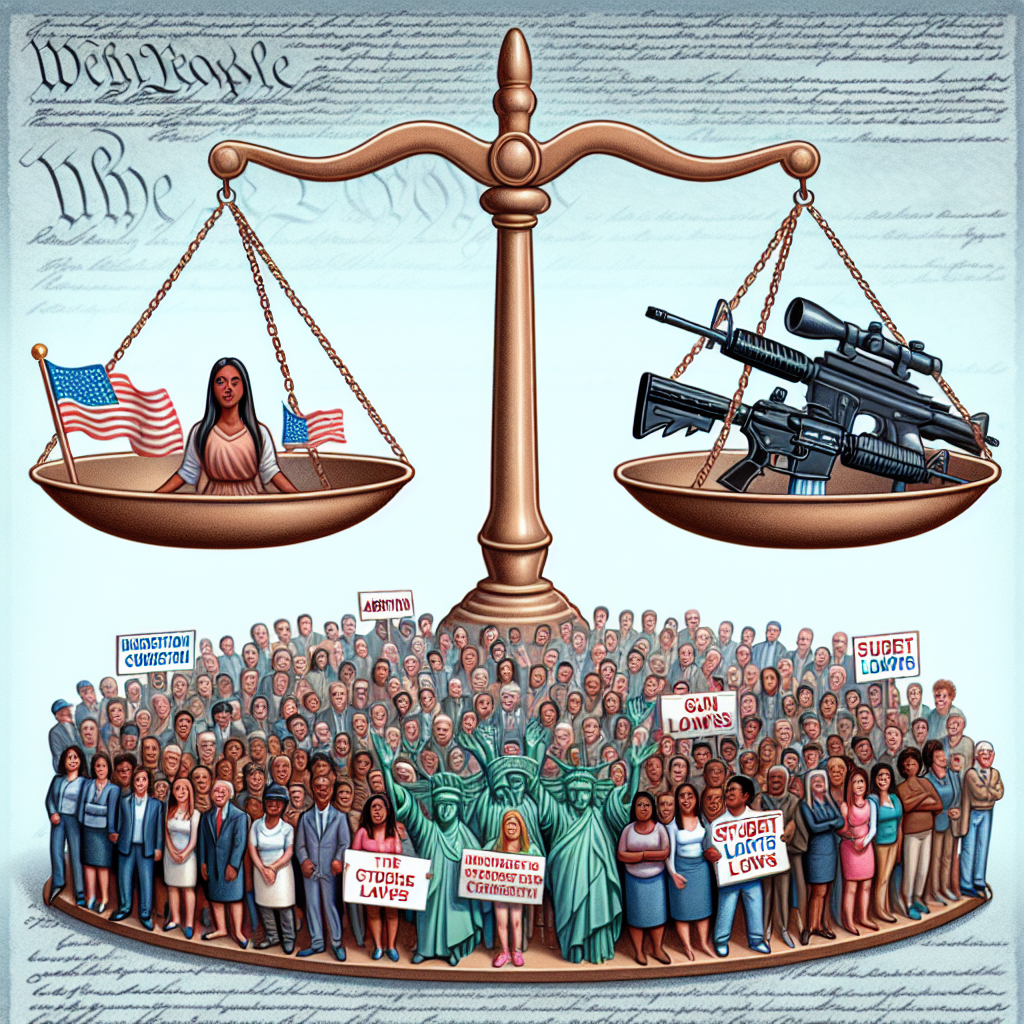 An engaging and informative scene illustrating the impact of Supreme Court rulings on three critical social issues: abortion, gun laws, and student loans. The image should contain three distinct segments: firstly, a depiction of a scale symbolizing the legal balance of abortion rights; secondly, an array of diverse citizens affected by gun law changes, perhaps interacting with a large constitution background; and thirdly, a metaphorical representation of the weight of student loans affecting individuals of various descents and genders!