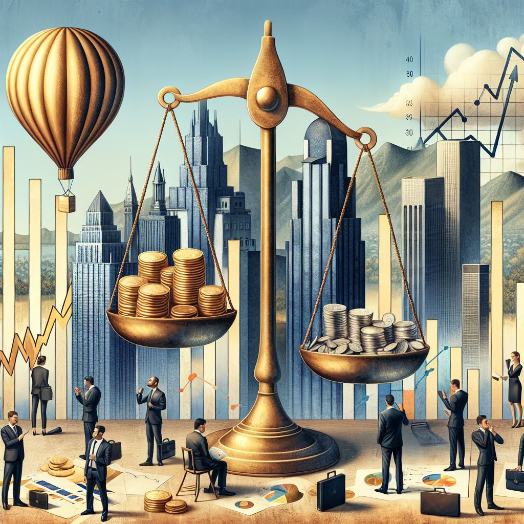 Construct an illustrative and vivid composition that captures the essence of economics and finance. In the center, depict a sizeable golden scale balanced with coins on one side and a conceptual representation of inflation on the other, like a balloon growing. On the background, create a detailed landscape of financial institutions, represented by a cluster of tall and symbolic buildings, each exuding a sense of authority. Furthermore, scatter around a few businesspersons of differing descents and genders, engrossed in analyzing graphs and charts that signify the fluctuation of interest rates.