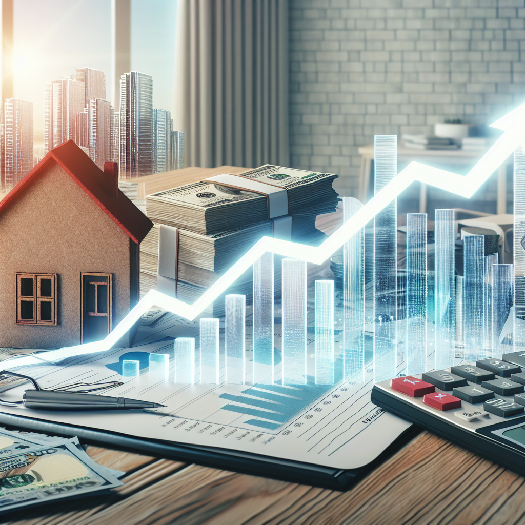 An image showcasing a graph with a sharp upward arrow indicating a surge in mortgage rates. The graph is placed on a wooden desk, surrounded by a few stacks of money, a small model house, and a calculator. On the desk, there's also a document with the title 'Housing Market Solutions' prominently displayed. The background features a city with high-rise buildings symbolizing a bustling real estate market.