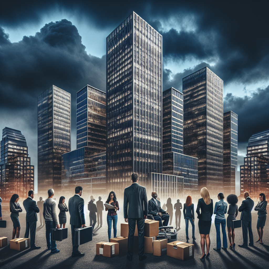 Create an illustrative image for a dramatic development in the tech industry. Show large, imposing office buildings signifying powerful tech companies under dark, stormy skies. To symbolize layoffs, use imagery such as office materials like computers, papers, and chairs being moved out on the street. Also, include a group of diverse people, men and women of different descents such as Caucasian, Hispanic, and South Asian, standing with endearing resilience, demonstrating their readiness to face the challenges ahead.