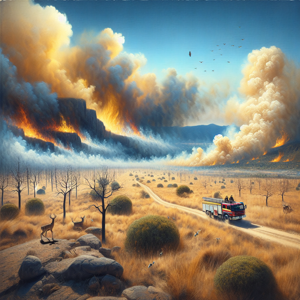 A painting-like image capturing a dramatic landscape under the grip of a heatwave, with the vegetation drying out and turning yellow. At one corner, a wildfire begins to spread, igniting the dry plants and creating dense smoke that begins to blot out the clear, blue sky. A firetruck is racing towards the scene on a dusty road, with a team of brave firefighters in the truck, ready to battle the blaze. Make sure to evoke a sense of urgency and danger that comes with such natural disasters. Include animals like deers and birds fleeing the scene, adding to the overall drama.