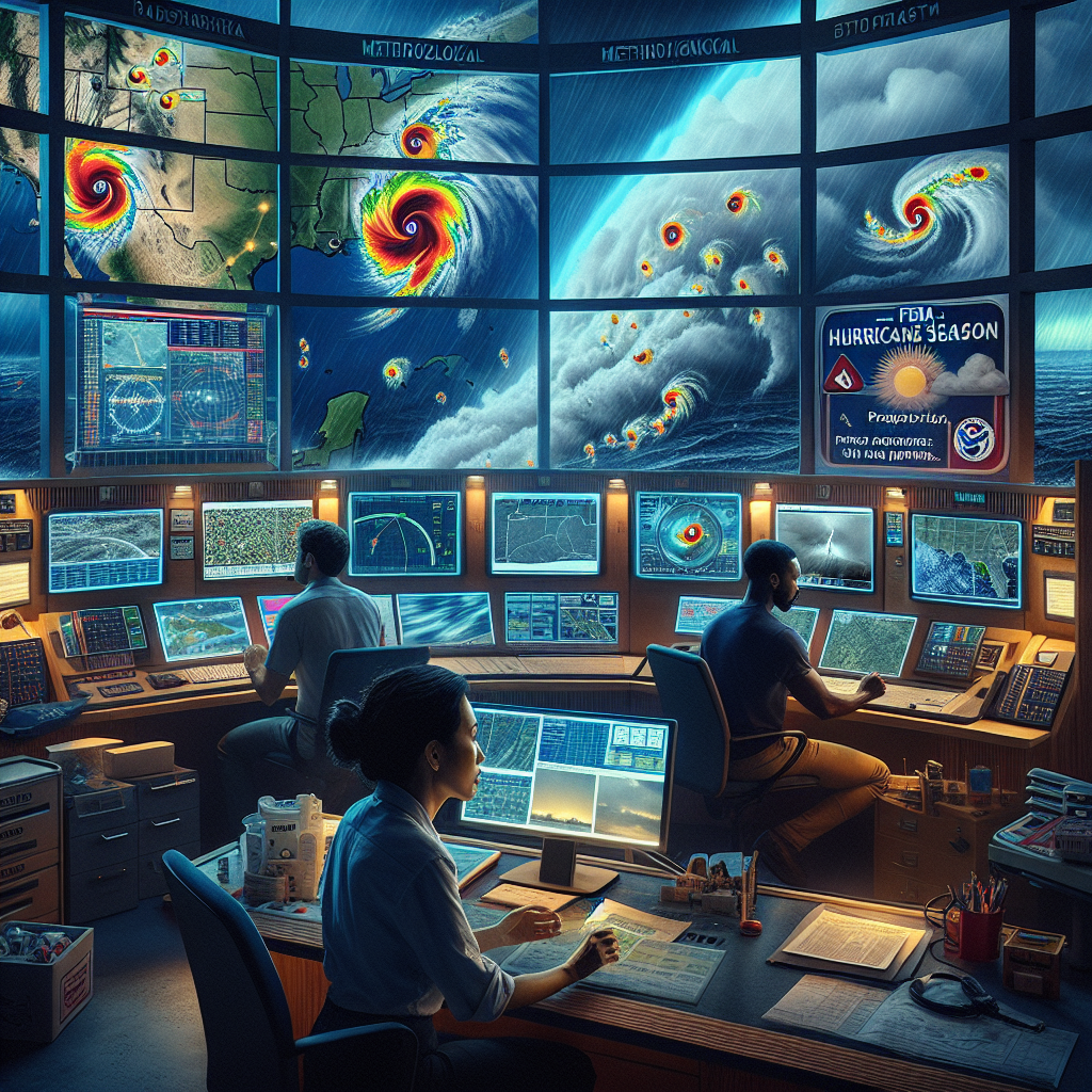 Picture an intense scene of a weather station in the midst of hurricane season. The room is filled with state-of-the-art technology like radar screens, meteorological maps, and computers displaying complex data. A focused, middle-aged Asian female meteorologist is closely examining the weather patterns, while a young Black male technician is checking the alerts system. The walls are decorated with hurricane safety reminders. An outdoor view of turbulent skies, with dark clouds roiling, hinting at the approaching storm can also be seen. In the corner lies a banner saying 'FEMA Hurricane Season: Prepare with Vital Updates'.