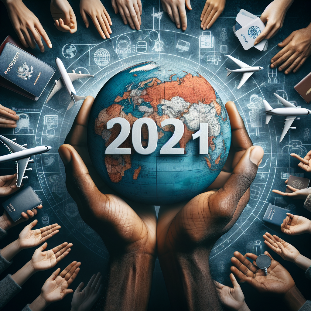 Visualize the concept of changing immigration policies in 2021. Depict a close-up of hands of various descents holding a globe, representing global movement and diversity. On the surface of the globe, show important symbols like passports and airplanes that exemplify travel and migration. Overlay the image with the number '2021', to signify the current year and the changes happening. Note: this image should not depict any real people or real locations, and should be non-offensive and respectful to all cultures and identities.