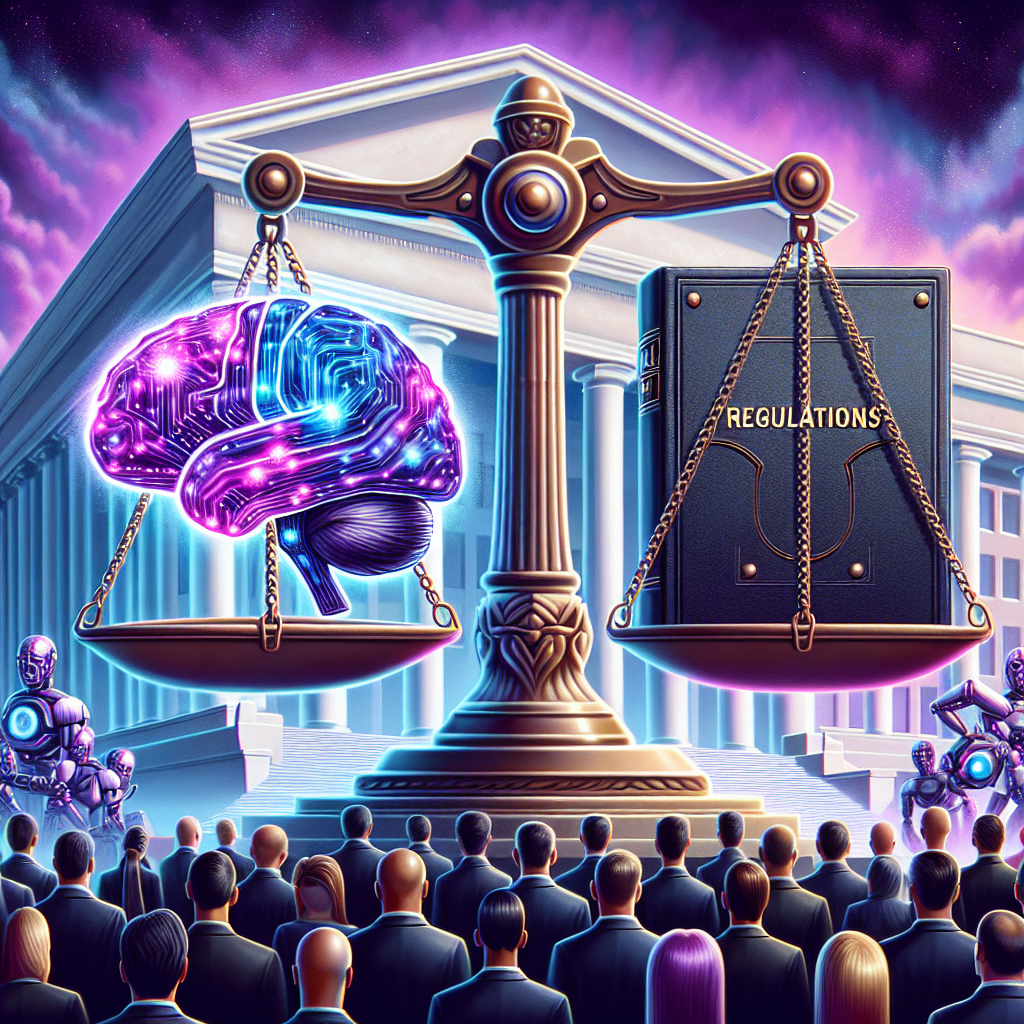 An illustrative scene showcasing a large, symbolic scale of justice being balanced by two elements: on one side, a metallic brain symbolizing AI technology, glowing with vibrant purples and blues; on the other side, a thick book with riveted metallic bindings and the title 'Regulations' embossed in bold letters to represent the implementation of guidelines. In the background, hints of a stately government-style building as an allegory to the White House or policy-making institutions. Finally, a diverse group of people in suits - men and women of Caucasian, Hispanic, Black, Middle-Eastern, and South Asian descents - are carefully watching the scale, symbolizing the collective participation in this regulatory process.