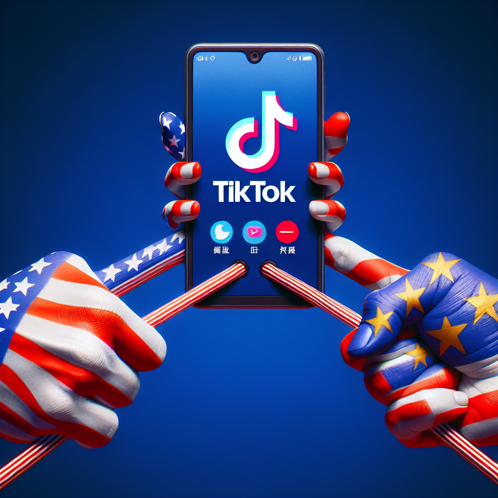 Visualize this scenario: A strong symbolic representation of US-China tech tensions involving social media. Picture a giant smartphone in the middle with two hands, one on each side, pulling it in opposite directions. The hand on the left, painted with the stars and stripes of the American flag, represents the US; the hand on the right, painted with the red and golden stars of the Chinese flag, represents China. On the screen of the phone, display a generic video-sharing app logo, without associating with any real-world app, to suggest the TikTok ban debate. Ensure clarity and high-quality of the image.