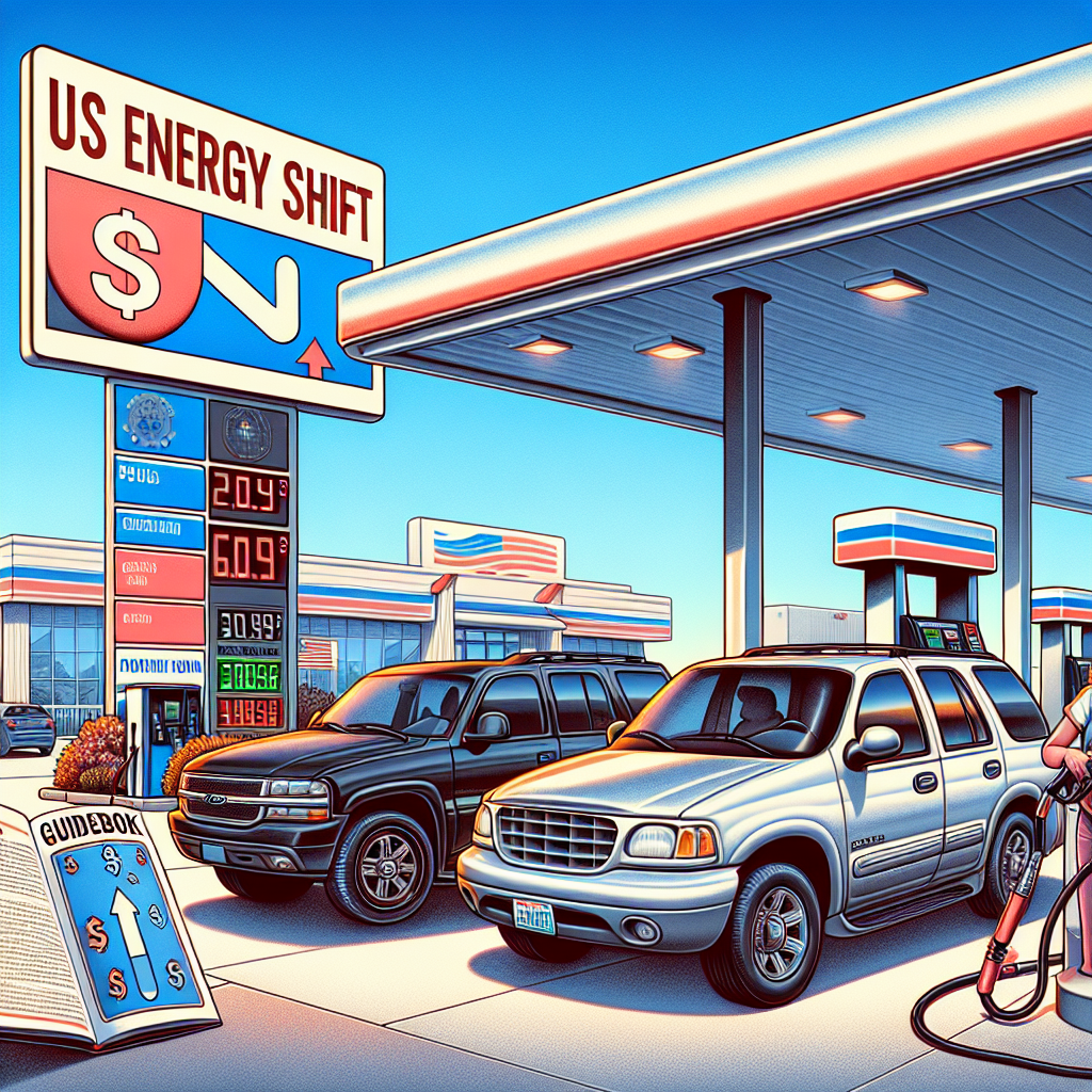 A detailed illustration of a gas station with related objects symbolizing a price drop, such as an arrow pointing downward and the dollar sign. Additionally, include a comprehensive guidebook that is labeled 'US Energy Policy Shift'. The scene should appear to be representative of typical suburban America, with a SUV and a compact car parked at the station, a Caucasian woman refuelling the SUV, and an African American man refuelling the compact car. Both are reading the guidebook on a prominent billboard in the background. It's daytime with a clear blue sky.