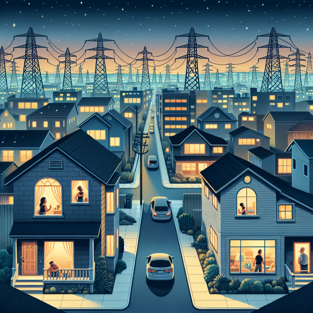 Alate evening scene in a mix of residential and industrial area. There are rows of suburban houses to the left, with lights on inside, and a complex of manufacturing buildings to the right. In the middle, towering over everything, are high-voltage power lines that visibly stopped transmitting electricity. A diverse group of individuals - a Hispanic woman, a Middle-Eastern man and a Black teenager - are looking out of their windows and doors, with confused and worried faces. Streets are depicted with minimal street lighting. The sky is star-filled, illustrating a clear, darkened environment with scattered stars, highlighting the blackout.