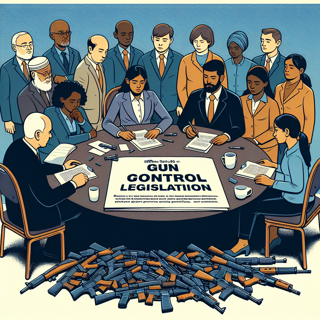 Create an image representing the concept of gun control legislation. Display a pile of firearms on one side and on the other, a group of diverse coalition legislators - Hispanic female, Middle-Eastern male and South Asian female, sitting around a round table, working together on a shared document labeled 'Gun Control Legislation'. They seem engaged and determined to address the issue at hand. Make sure the atmosphere is positive, promoting peace and harmony. A banner skims the top of the image, reading 'Effortless Solution to Gun Violence'.