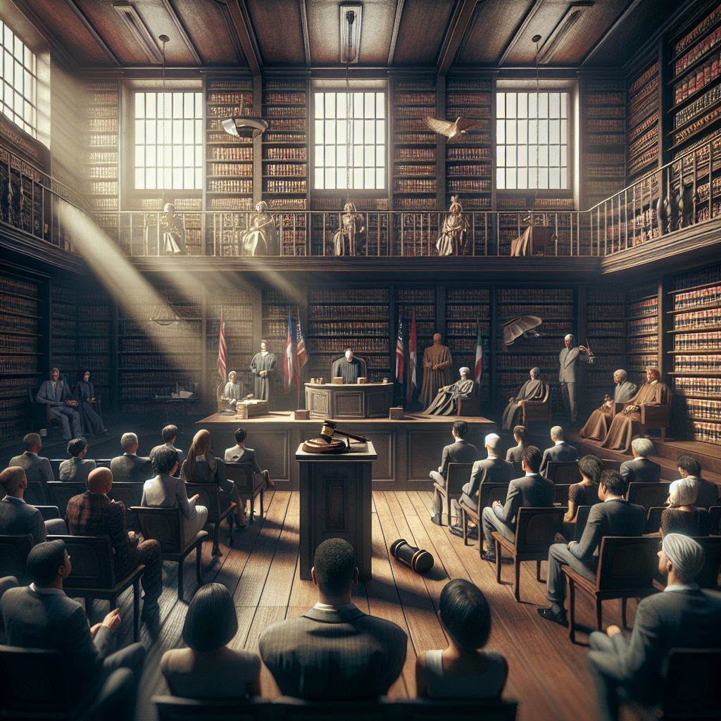 A conceptual interpretation of high-profile criminal trials in the United States. The scene portrays a historical courtroom atmosphere, featuring an antique wooden judge's bench, a multitude of law books stacked high in the background, and a gavel just landing to signal a verdict. The room is filled with a diverse mix of spectators, illustrating a variety of different ethnic backgrounds and genders. Conspicuous by their absence are specific politicians or celebrities. Light streaming in from high windows creates dramatic shadows, signifying the gravitas of the situation.