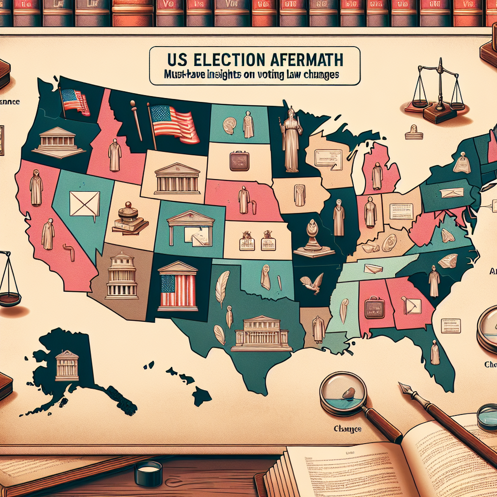Illustration of a map of the United States marked with iconic symbols of voting such as ballot boxes, scales, and gavels. Show some areas highlighting changes with contrast colors while others remain dimmed, indicating no changes. Photos of law books scattered around the map representing the changes in voting laws. Annotations with magnifying glasses pointing towards noteworthy changes. The setting is a vintage-style librarian's desk with ink pots and quills. A banner at the top of the image reads 'US Election Aftermath: Must-Have Insights on Voting Law Changes'. Everything in soft hues and clear detail.