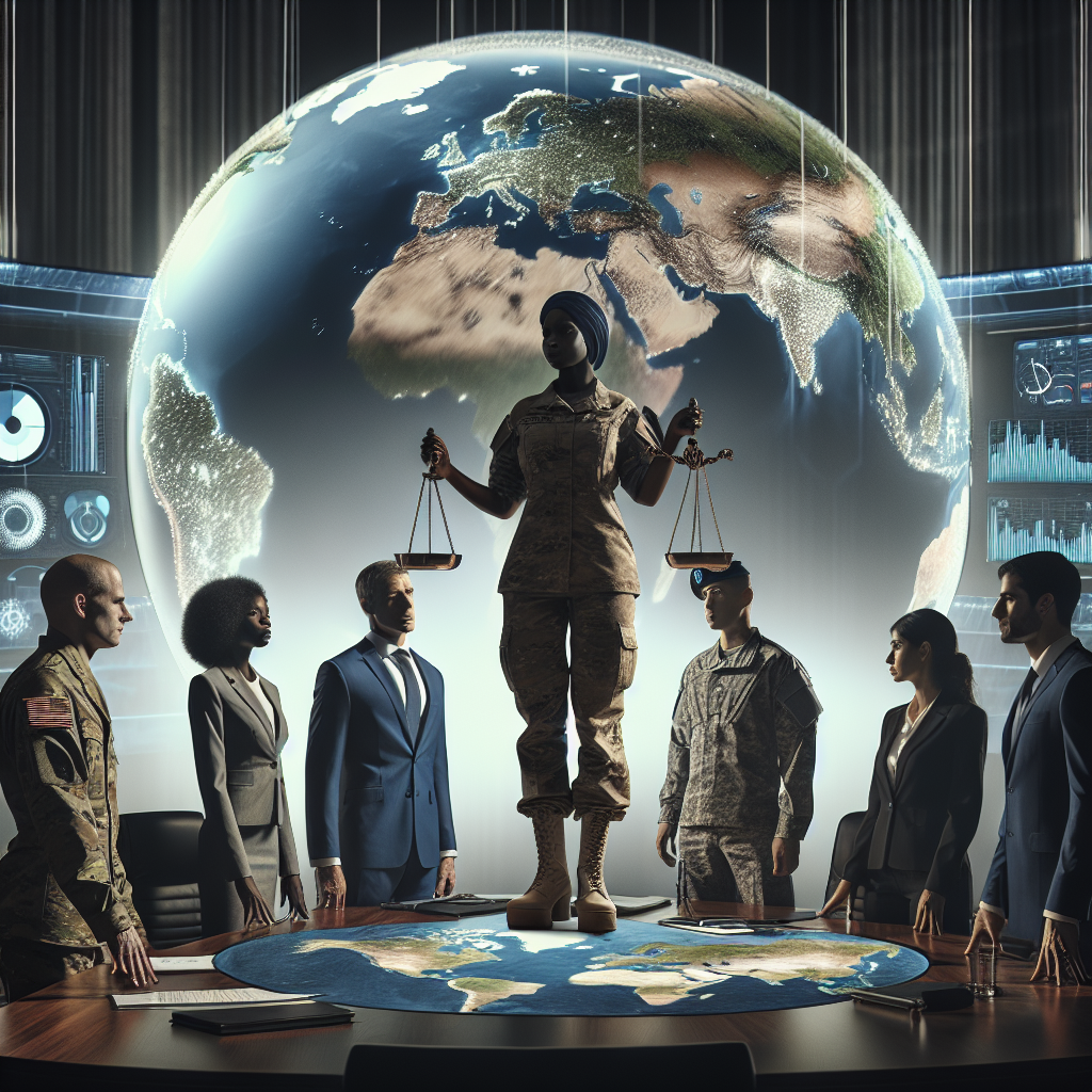 An image showing a diverse group of people standing around a round table: a Caucasian woman wearing military uniform representing the US military, a South Asian man in a suit symbolizing diplomacy, a Black woman balancing scales, representing justice, and a Middle-Eastern man holding a globe symbolizing global perspectives. They are in a well-lit conference room, deep in a discussion with a large world map spread out on the table, and digital screens around them showing data and graphs related to global security. The atmosphere is one of cooperation and strategy.