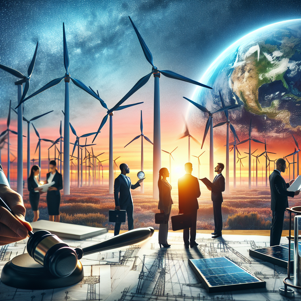 Visualize a scene of a large wind farm set against a vibrant dawn sky, the turbines mechanized silhouettes turning slowly. Close-up of a solar panel array with beams of sunlight reflecting off its surface. A group of professionals, a black male, a Caucasian female, and a Hispanic female, all dressed in corporate attire, meticulously examining blueprints of sustainable energy infrastructure. In the foreground, a legislator, an Asian male holding a gavel in a courtroom setting, prepares to pass a green energy bill. Earth globe in the background symbolizing global climate change.