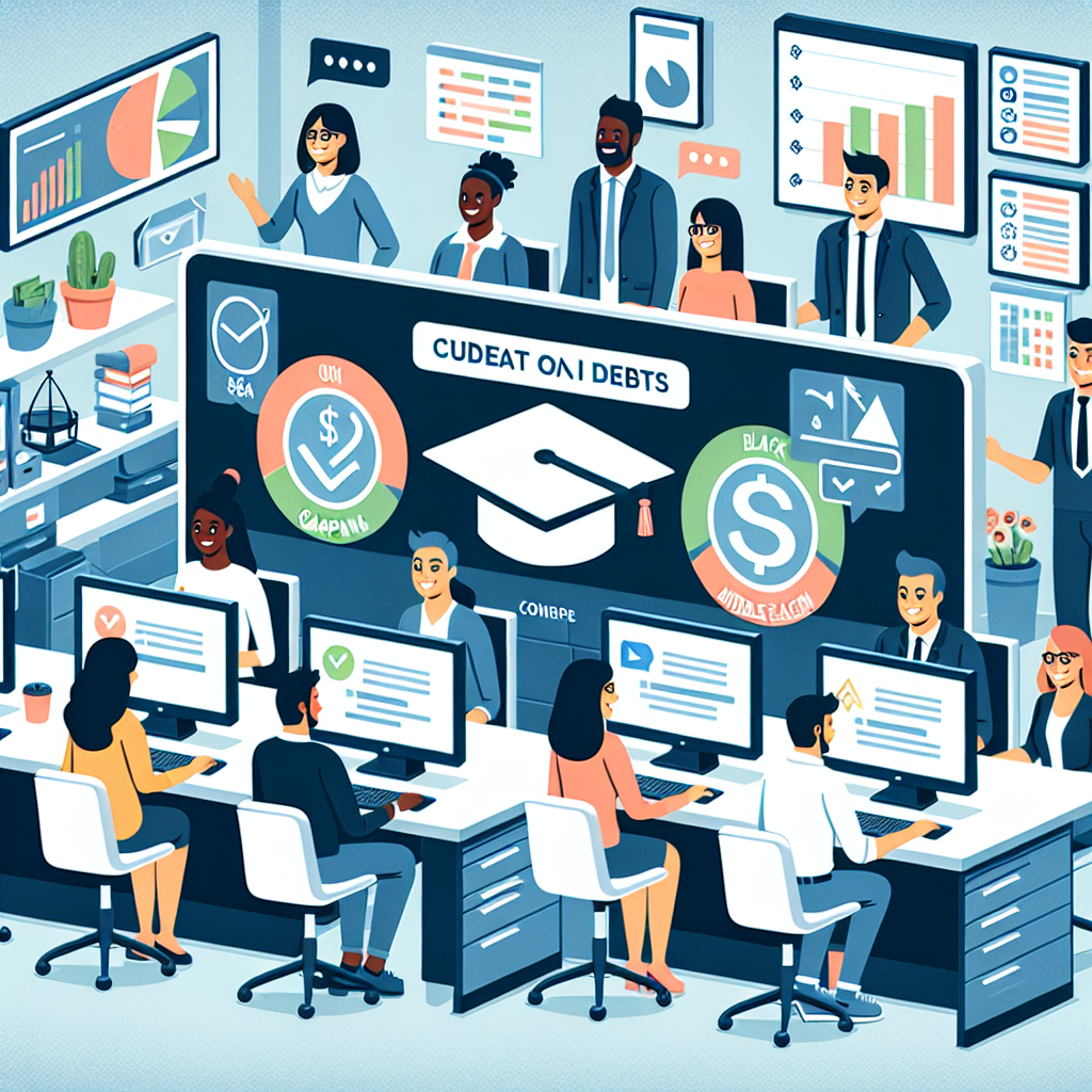 A detailed scene inside a modern office setup, with diverse group of individuals, men and women, representing different descents such as Hispanic, Asian, Black, Middle-Eastern, working on computers. They're situated in front of a large display on the wall, illustrating different icons like a graduation cap, a dollar sign, and a check mark denoting paid off debts. They're happily discussing these updates on student loan forgiveness programs. Also incorporate elements like charts, desks with files and papers, and modern technological devices.