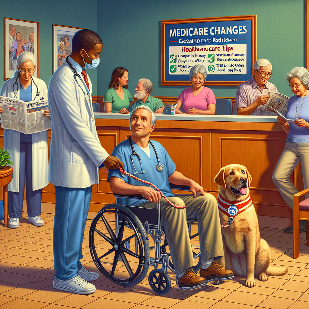 Picture a serene hospital waiting room, with a front desk where a middle-aged Caucasian woman using a wheelchair is interacting with a young Hispanic male receptionist. Tied to a nearby chair is a dog with a 'Guide Dog' label. A sign hangs prominently on the wall that reads 'Medicare Changes: Effortless Tips to Reduce Healthcare Costs.' On a table there is a brochure that spells out 'Healthcare Tips'. In the background, there are various people: a South Asian woman in scrubs, a Middle-Eastern man with a stethoscope around his neck, and an elderly Black man reading a newspaper.